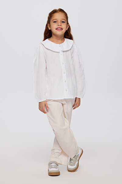 Panço Kız Çocuk Çift Yakalı Ekru Gömlek