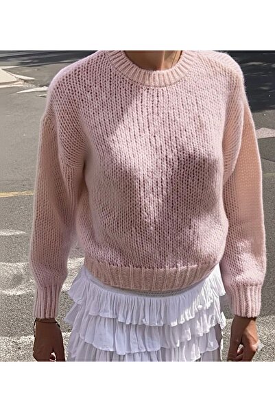 Genel Markalar Pembe Oversize Yumuşak Dokulu 3 İplik Örme Desen Hafif Triko Kazak