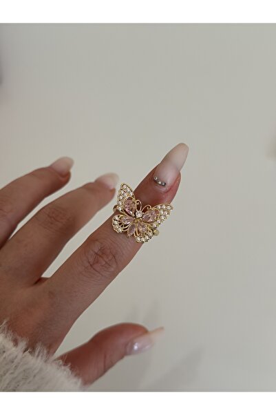 Maide Jewelry Ayarlanabilir Kelebekli Zirkon Taşlı Vip Prenses Pembe Yüzük Sevgiliye Hediye