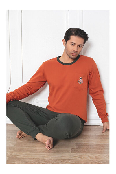 embody Men's cotton interlock long pyjamas, grey/orange 402