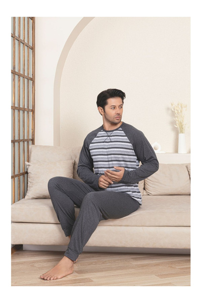 embody Men's striped cotton long pyjamas, grey 3001