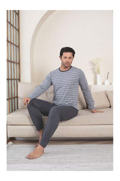 embody Men's striped cotton long pyjamas, grey 3003