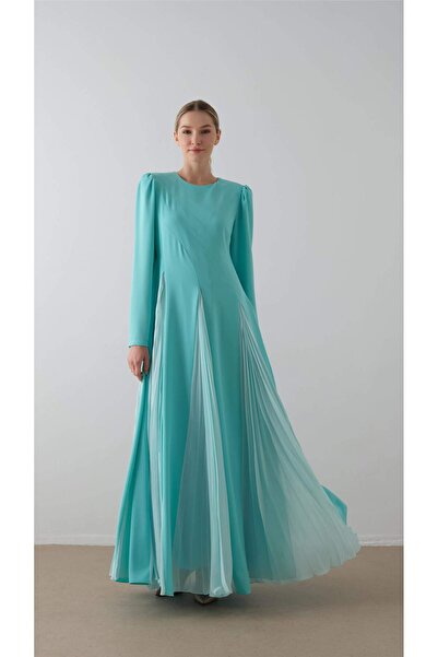 miha Hicran Önal Partial Printed Crepe Chiffon Dress Blue