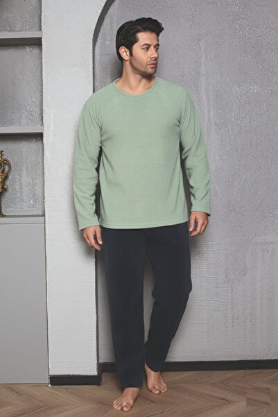 embody Pijamale bărbătești din fleece Cocolino, material fin, delicat și moale, verde/negru 803