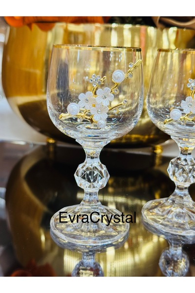 EVRA 6 Adet Altın Yaldızlı İnci Taşlı Kahve Yanı Su Bardağı 150cc