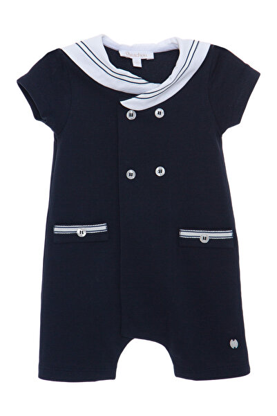 Patachou Newborn Navy Blue Jumpsuit with Collar and Button Detail