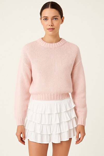 Genel Markalar Pembe Oversize Yumuşak Dokulu 3 İplik Örme Desen Hafif Triko Kazak