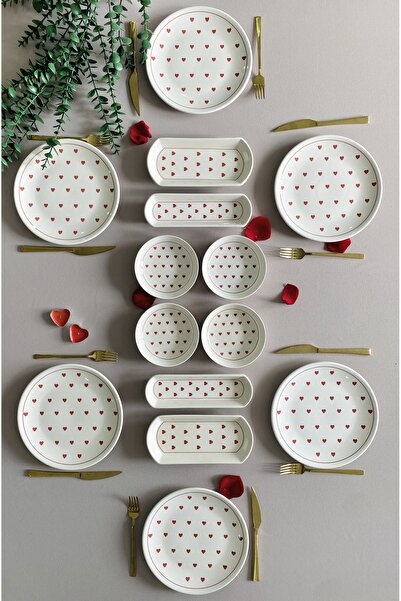 VENÜS HOME DECORATION Kalp Desen Kırmızı 6 Kişilik 14 Parça Kahvaltı takımı