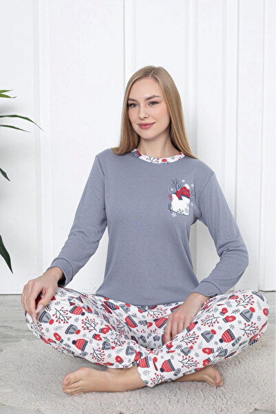 embody Ladies' cotton interlock pyjamas, Christmas themed print, grey 2048