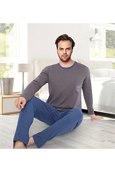 embody Men's interlock cotton pyjamas, long trousers sleeves, plain print, grey 8058