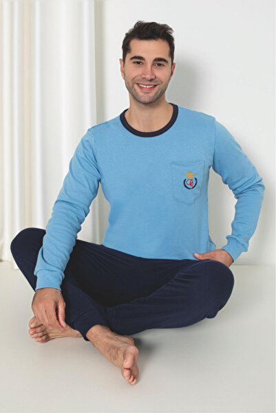 embody Men's pyjamas, thick cotton interlock, long sleeves and trousers, blue 401