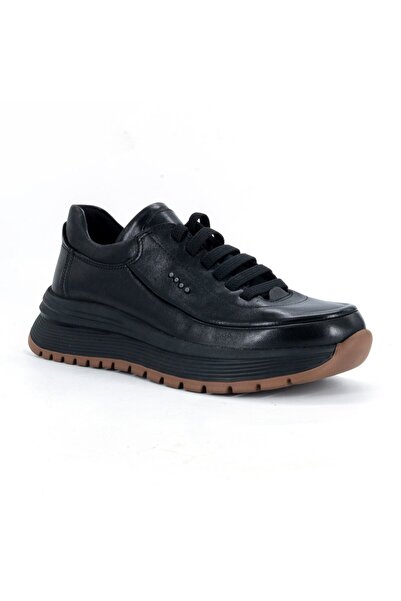 Mammamia D25Ka-3795 Black Faber Genuine Leather Rubber Laced Women's Daily Casual Shoes