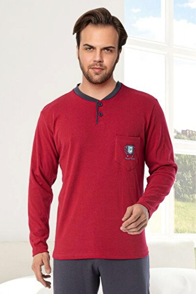 embody Men's interlock cotton pyjamas, long trousers sleeves, plain print, burgundy 8055