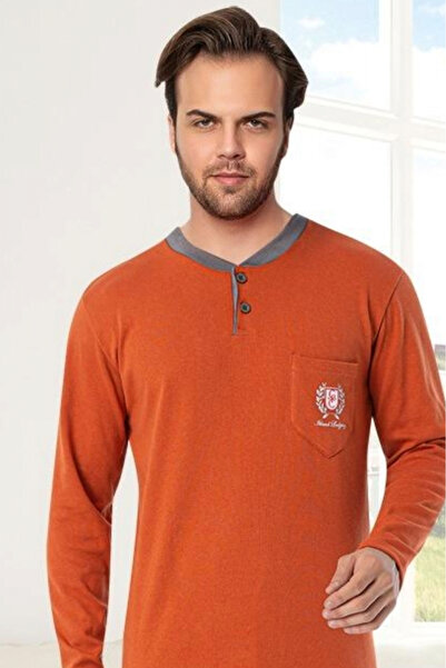 embody Men's interlock cotton pyjamas, long trousers sleeves, plain print, orange 8053