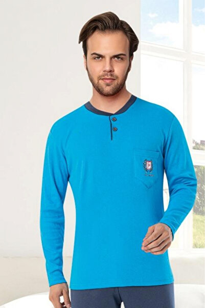 embody Men's interlock cotton pyjamas, long trousers sleeves, blue 8054