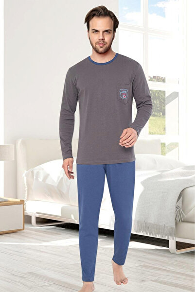 embody Men's interlock cotton pyjamas, long trousers sleeves, plain print, grey 8058