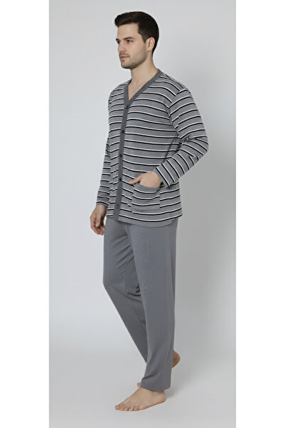 embody Men's cotton pyjamas, large size, long sleeves and trousers, striped, dark grey 16114
