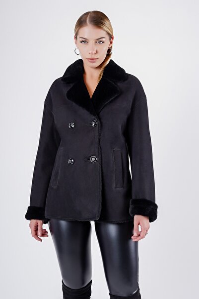 Leather Club Siyah Hakiki Süet Kürk Kaban