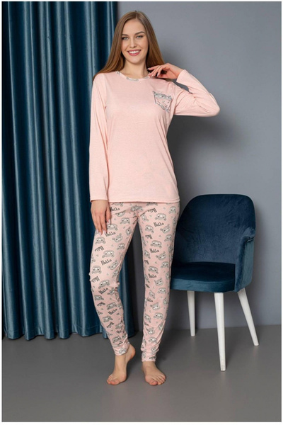 embody Pijama confortabilă din bumbac pentru femei cu imprimeu „hello bear”, coral 818