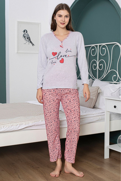embody Women's cotton pyjamas, love love hearts print, grey 15231