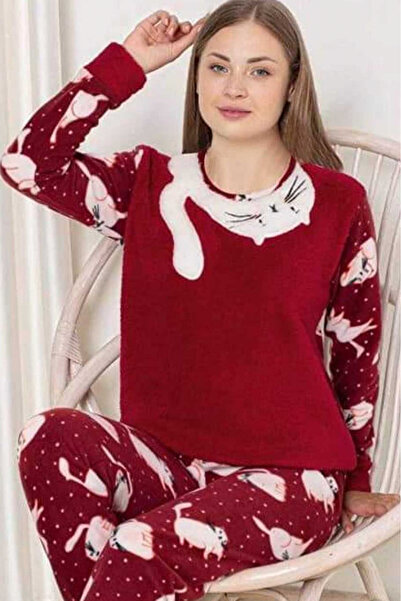 embody Cocolino batal ladies' pyjamas, plus size, fluffy and warm, kitten print, burgundy, 60079