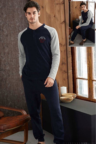 embody Men's thick cotton interlock pyjamas, long sleeves and trousers, navy blue, 8744