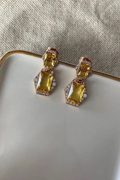 AURA ATELIER أقراط باجيت صفراء مزدوجة من الفولاذ مرصعة بأحجار الزركون