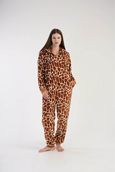 embody Women's full pyjama, dungarees, fluffy, with zip and hood, brown