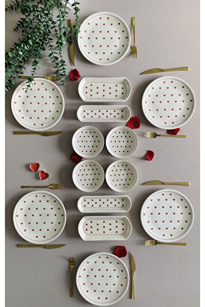 VENÜS HOME DECORATION Kalp Desen Kırmızı 6 Kişilik 14 Parça Kahvaltı takımı