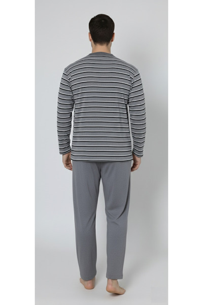 embody Men's cotton pyjamas, large size, long sleeves and trousers, striped, dark grey 16114