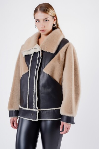 Leather Club Bej Siyah Kürk Garnili Hakiki Deri Kaban