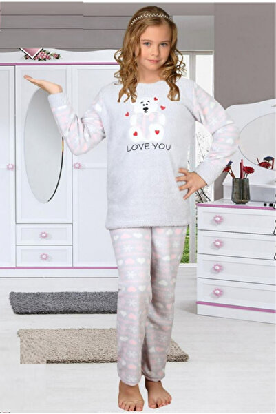 embody Cocolino girls' pyjamas, fluffy and warm, love you teddy bear print, grey