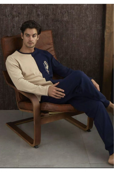 embody Men's thick cotton interlock pyjamas, long sleeves and trousers, black/beige 8728