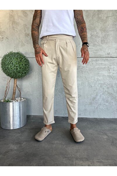 KağanKY Παντελόνι από ύφασμα με πλισέ κρέμα