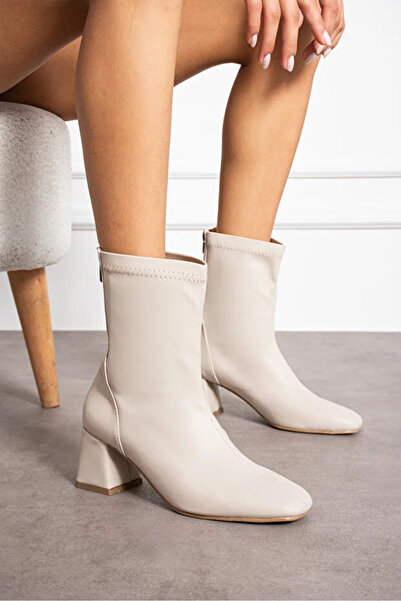 nuvora Kadın Streç Bilekli Orta Boy Küt Kalıp – Topuklu Kışlık Günlük Bot - T...