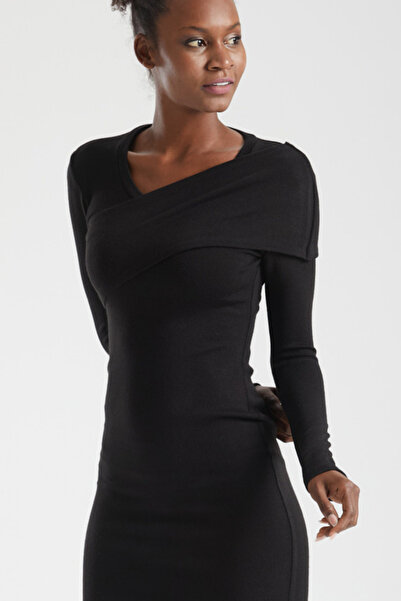 By Yaren Yazıcı Kadın Siyah Bisiklet Yaka Yakada Drape Kaplama Uzun Kollu Triko Elbise Gündüz Gece Ofis Şıklığı