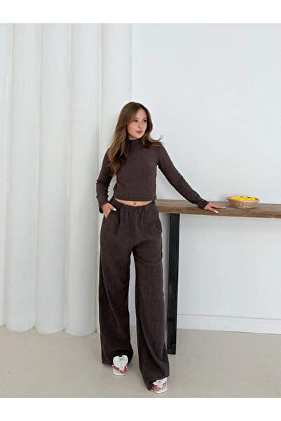 Zerenyus Turtleneck Knitted Top and Bottom Set Brown
