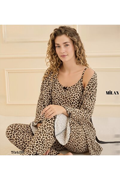 Mihra Milan Yumuşak Kumaş Sabahlıklı 3lü Leopar Desenli Pijama Takım