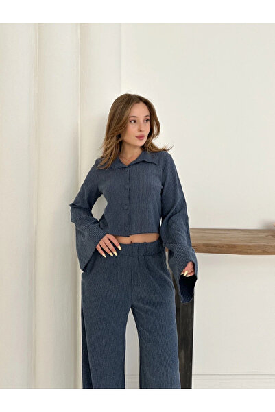 Zerenyus Shirt Collar Covered Button Suit Navy Blue