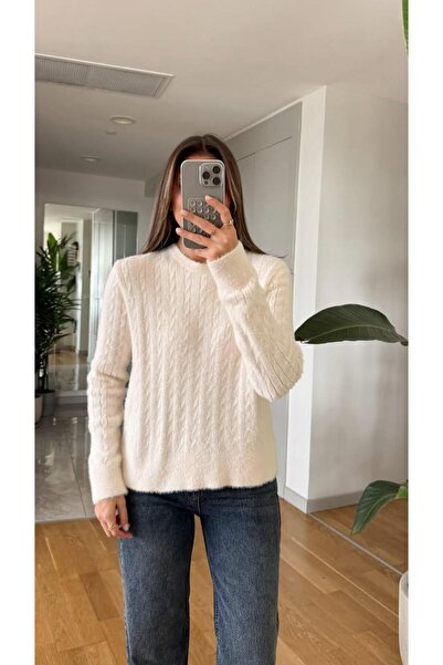 CADDELAMODA Pulover moale pentru femei, cu împletitură de păr, cu gât rotund și barbă