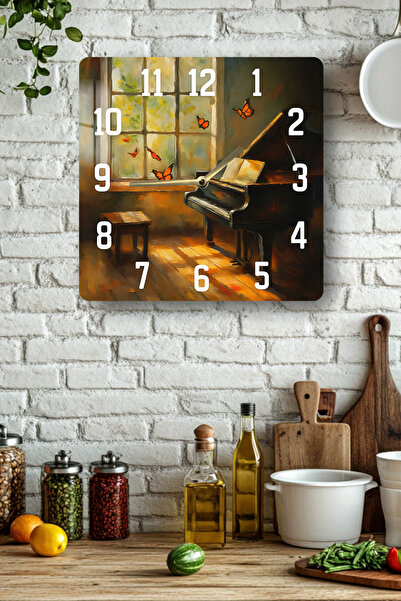 kutuTR Piano and Butterflies Themed Tempered Glass Square Clock 33X33 cm Size Uv Printing - Kcs104