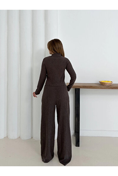 Zerenyus Turtleneck Knitted Top and Bottom Set Brown