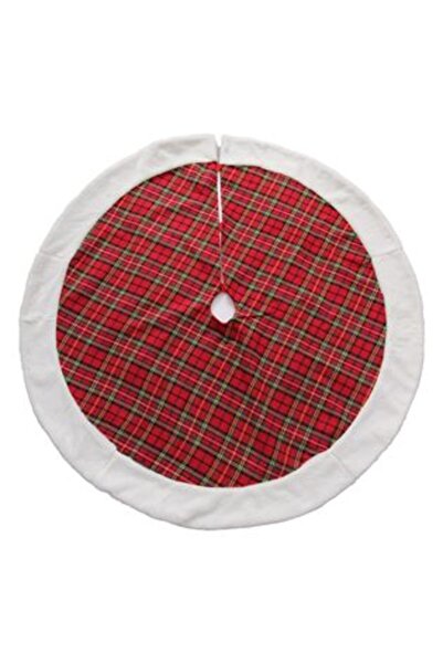 SHOPIENS Fustă de brad de Crăciun - carouri roșii cu verde și galben, blană artificială albă, Ø120 cm