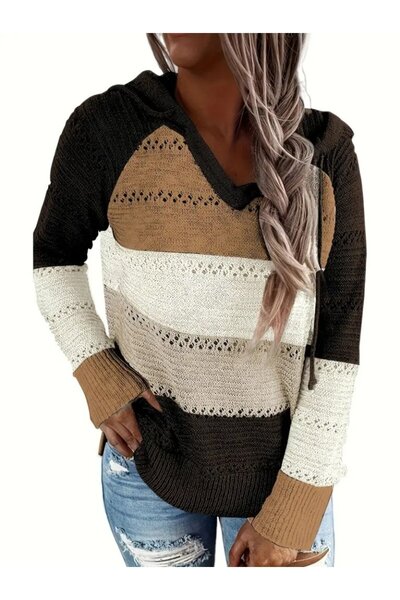 JANES بلوزة نسائية تريكو بأكمام طويلة وياقة على شكل حرف V ورباط وقلنسوة