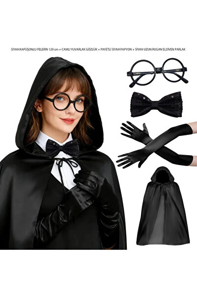 Lisinya Black Hooded Wizard and Witch Cape Costume Set (4 Pieces) - Tygoo