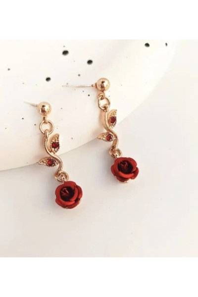 ER TAKI Taşlı Gold Renkli Zarif Kırmızı Gül Çiçekli Şık Parti Nişan Kına Düğün Abiye Küpe