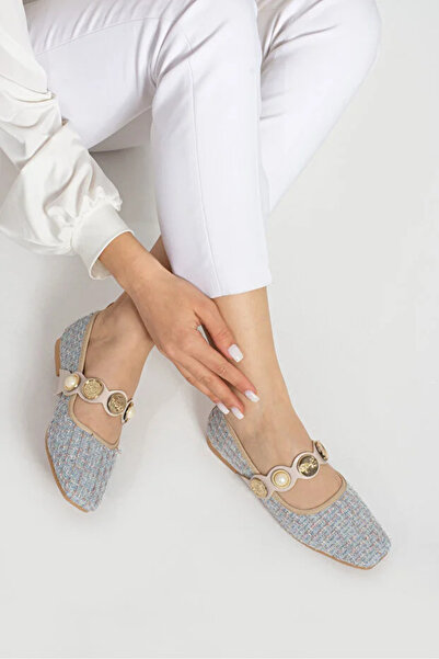 nuvora Women's Tweed Pearl Detailed Closed Back Low Heel Mary Jane Casual Ballet Flats