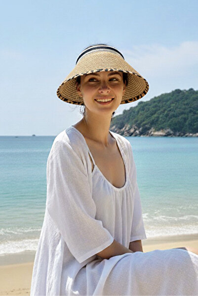 Marina Camel Leopard Pattern Detailed Straw Visor Hat 14624
