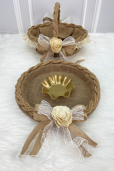 ZEYMERADE Söz Nişan Nikah Kına Gelin Sepeti ve Tepsisi, Düğün Sünnet Bride Hediyelik Dekoratif Hasır Gül Jüt