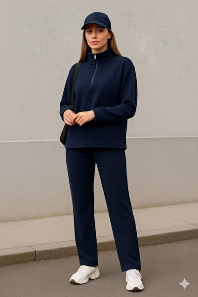 JANES Women's Turtleneck Zipper Detail Fleece Sweat and Pants Two-Piece Set